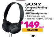 Sony Compact Folding On Ear Aux Headphones-Each