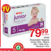 Spar Disposable Nappies Junior 36's/Maxi's 38's/Midi 40's/Newborn 42's-Per Pack