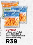 1 x Food Lover's Cut Green Beans 500g, 2 x Food Lover's Peeled Baby Carrots 500g-Combo