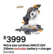 Ingco Mitre Saw Cordless 20V 210mm Excludes Battery + Charger 81472806