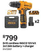 Ingco Drill Cordless 12V Kit 2 x 1.5Ah Battery + Charger 81472807