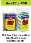 GR8 Save Ethnix Steel Wool Rolls 12s Or 5 Pack Rainbow Sponge-For 2