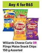 Willards Cheese Curls Or Flings Maize Snack Chips Assorted-For Any 4 x 150g
