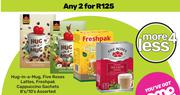 Hug In A Mug,Five Roses Lattes,Freshpak Cappuccino Sachets Assorted-For 2 x 8's/10's