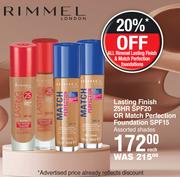 Rimmel Lasting Finish 25HR SPF20 Or Match Perfection Foundation SPF15 Assorted Shades-Each