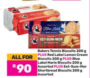 Bakers Tennis Biscuits 200gm,RedLabel 200gm,BlueLabel Marie 200gm & EatSumMor Biscuits 200gm-For All