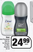 Dove Anti Perspirant Roll On For Women For Men Assorted-50ml Each