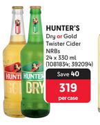 Hunter's Dry Or Gold Twister Cider NRBs-24 x 330ml Per Case