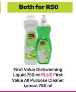 First Value Dishwashing Liquid 750ml Plus First Value All Purpose Cleaner Lemon 750ml-Both For