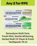 Sensodyne Multi Care,Fresh Mint,Gentle Whitening Herbal Multi Or Clean & Fresh Toothpaste-2 x 75ml