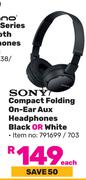 Sony Compact Folding On Ear Aux Headphones Black Or White-Each