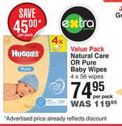 Huggies Value Pack Natural Care Or Pure Baby Wipes 4 x 56 Wipes-Per Pack