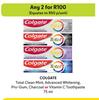 Colgate Total Clean Mint,Advanced Whitening,Pro Gum,Charcoal Or Vitamin C Toothpaste-For 2 x 75ml