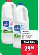 Clover Fresh Milk (Full Cream Or 2% Low Fat)-2Ltr Each
