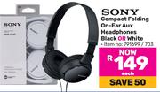 Sony Compact Folding On Ear Aux Headphones Black Or White-Each
