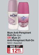 Mum Anti Perspirant Roll On 45ml Or Mum 21 Anti Perspirant Roll On 50ml-Each