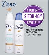 Dove Anti Perspirant Deodorant (Assorted)-For 2 x 150ml