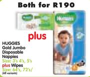 Huggies Gold Jumbo Disposable Nappies Size 3's, 4's, 5's plus Wipes Size: 64's, 72's(All Variants)