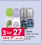 Clicks Roll On For Men Or Women-3 x 50ml