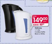 Safeway 1.7Ltr Cordless Kettle Black Or White-Each