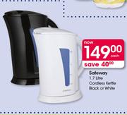 Safeway 1.7Ltr Cordless Kettle Black Or White-Each
