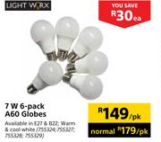 Lightworx 7W 6-Pack A60 Globes-Per Pack