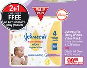 Johnson's Baby Wipes Value Pack (Extra Sensitive 4 x 56 Wipes Or Gentle All Over 4x72 Wipes-Per Pack
