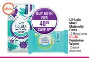  Lil-Lets Maxi Maternity Pads 10 Extra Long Plus Feminine Wipes 10 Pack Assorted-For Both