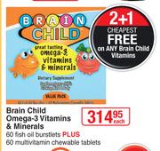Brain Child Omega-3 Vitamins & Minerals 60 Fish Oil Burstlets Plus 60 Multivitamin Chewable Tab-Each