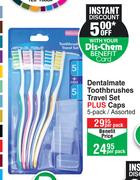 Dentalmate Toothbrushes Travel Set Plus Caps (Assorted)-5 Per Pack