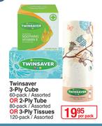 Twinsaver 3 Ply Cube 60 Pack Or 2-Ply Tube 80 Pack Or 3-Ply Tissues 120 Pack-Per Pack