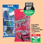Super Max 3 Blade Disposable Razors For Men Or Women 5 Pack-Per Pack