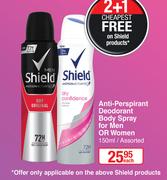 Shield Anti Perspirant Deodorant Body Spray For Men Or Women Assorted-150ml Each