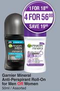 Garnier Mineral Anti Perspirant Roll On For Men Or Women Assorted-50ml