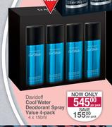 Davidoff Cool Water Deodorant Spray Value 4 Pack-4 x 150ml Per Pack