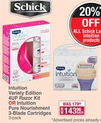 Schick Intuition Variety Edition 4Up Razor Kit Or Intuition Pure Nourishment 3-Blade Cartridges-3 PK