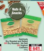 Nutrinuts Dry Roasted & Salted Or Dry Roasted No Salt Or Yoghurt Cashews-200g Each