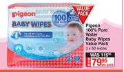 Pigeon 100% Pure Water Baby Wipes Value Pack 3 x 80 Wipes-Per Pack