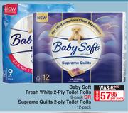 Baby Soft Fresh White 2 Ply Toilet Rolls 9 Pack Or Supreme Quilts 2 Ply Toilet Rolls 12 Pack-Per Pac