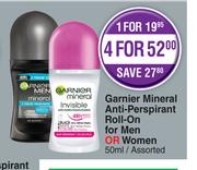Garnier Mineral Anti Perspirant Roll On For Men Or Women Assorted-50ml