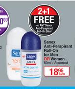 Sanex Anti Perspirant Roll On For Men Or Women Assorted-50ml Each