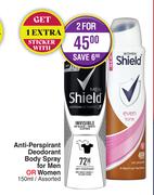 Shield Anti-Perspirant Deodorant Body Spray For Men Or Women (Assorted)-For 2 x 150ml 