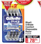 Gilletee Blue3 3-Blade Comfort Disposable Razor 8 Pack