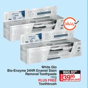 White Glo Bio Enzyme 24HR Enamel Stain Removal Toothpaste 150g Plus Toothbrush-Per Pack
