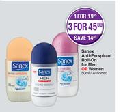 Sanex Anti Perspirant Roll On For Men Or Women Assorted-50ml Each