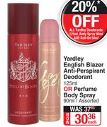 Yardley English Blazer Anti Perspirant Deodorant 125ml Or Perfume Body Spray 90ml Assorted-Each