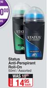Status Anti Perspirant Roll On Assorted-50ml Each