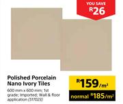 Polished Porcelain Nano Ivory Tiles 600mm X 600mm-Per Sqm