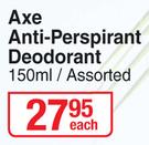 Axe Anti Perspirant Deodorant Assorted-150ml Each