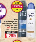 Dove Anti Perspirant Deodorant Body Spray For Men Or Women Assorted-150ml Each